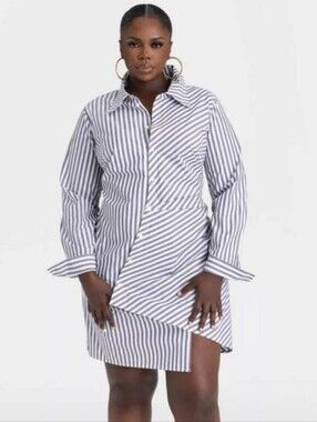 💥KBB by KAHLANA Ruched Mini Shirt Dress 1X Blue White Stripe SOLD OUT